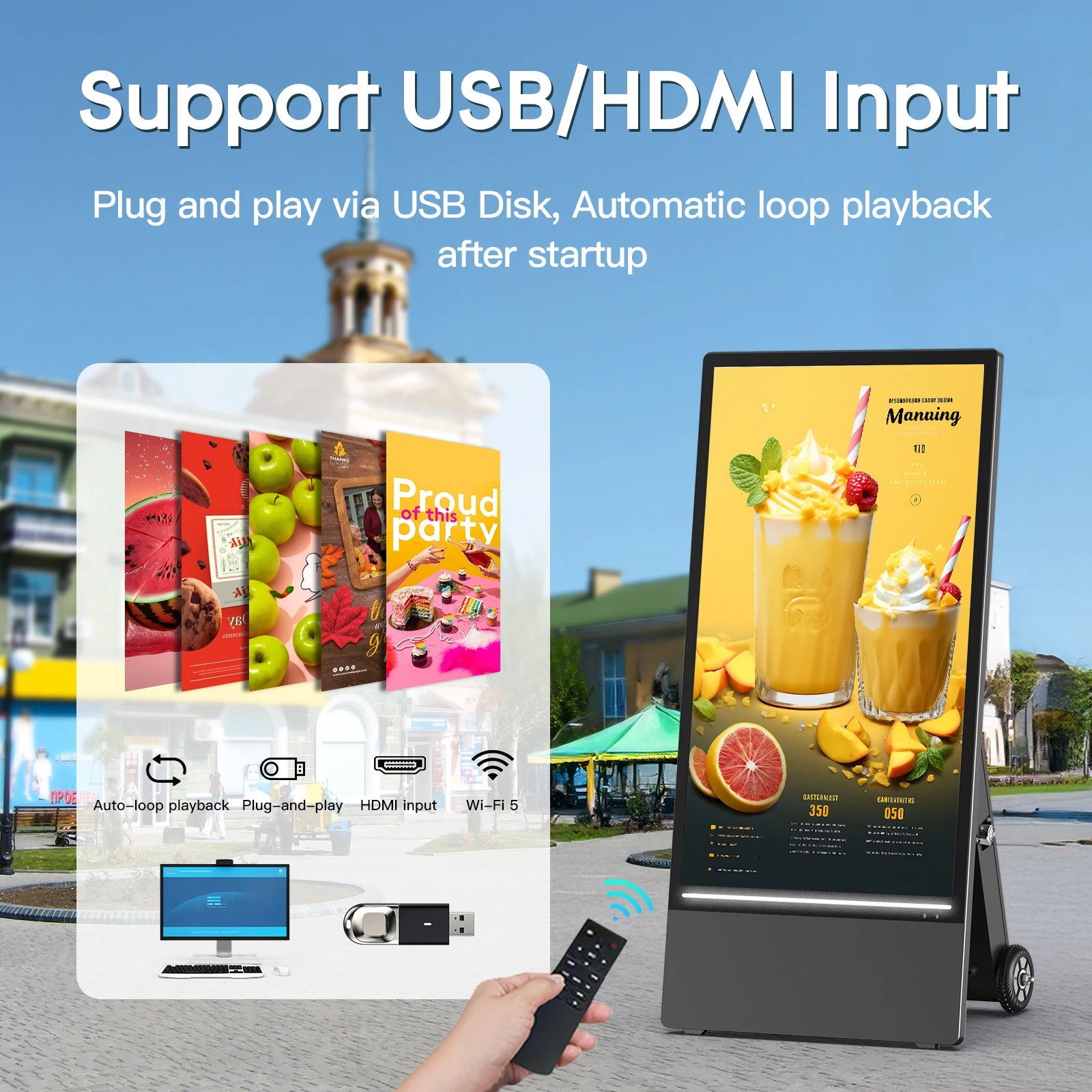 MWE Portable 43 Inch 1800 Nit Indoor & Outdoor Battery Powered Digital Signage LCD Advertising Poster Display Player