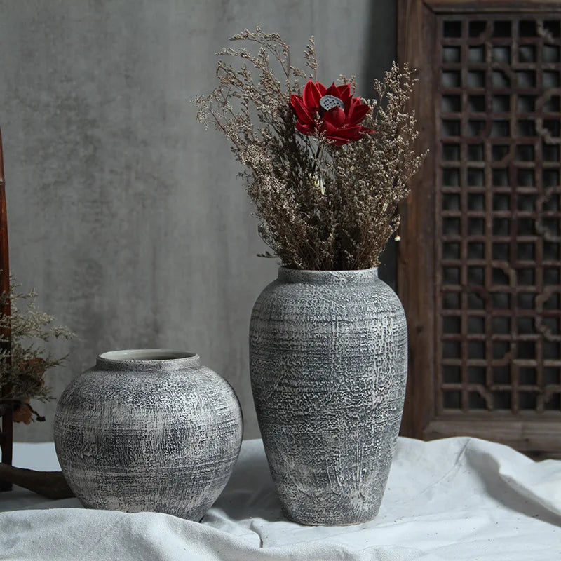 Retro Ceramic Large Vase Tabletop Flower Arrangement Hotel Villa Living Room Pottery Jar Decoration