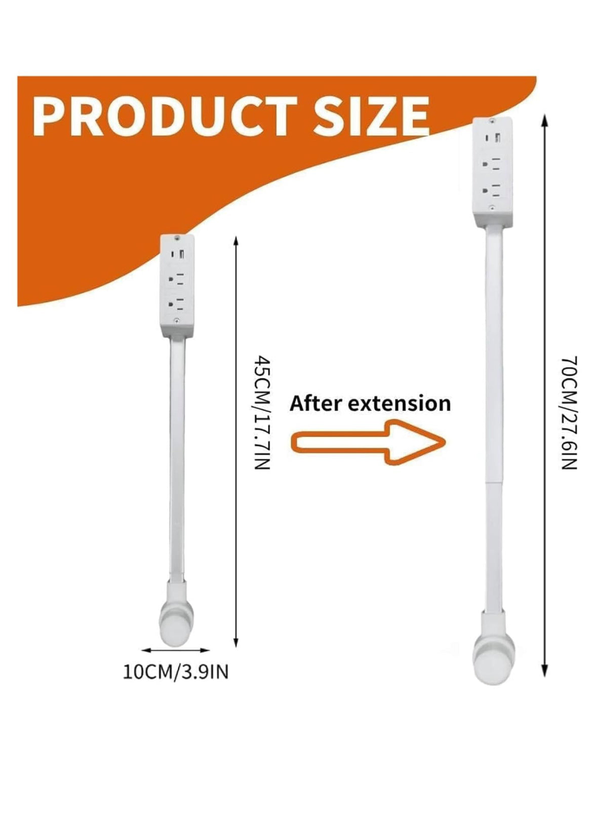 Power Outlet Extender – Extends 22”-30”, rotates 180°, adds 2 AC outlets + USB-A & USB-C. Great for hard-to-reach spots like behind couches.