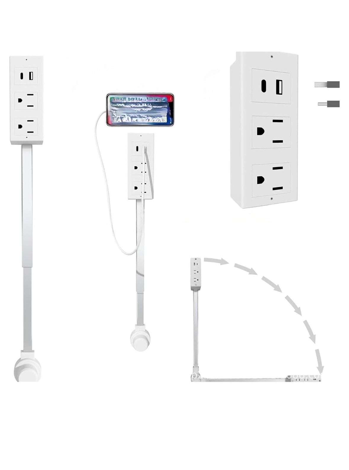Power Outlet Extender – Extends 22”-30”, rotates 180°, adds 2 AC outlets + USB-A & USB-C. Great for hard-to-reach spots like behind couches.
