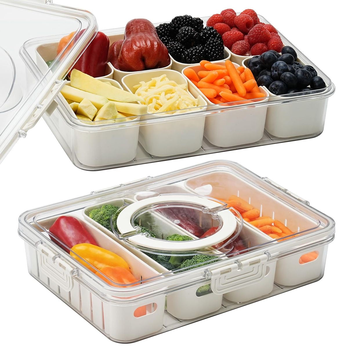 2 Pack Divided Serving Tray with Lid & Handle - Portable Snackle Box Charcuterie Container for Snack Platters