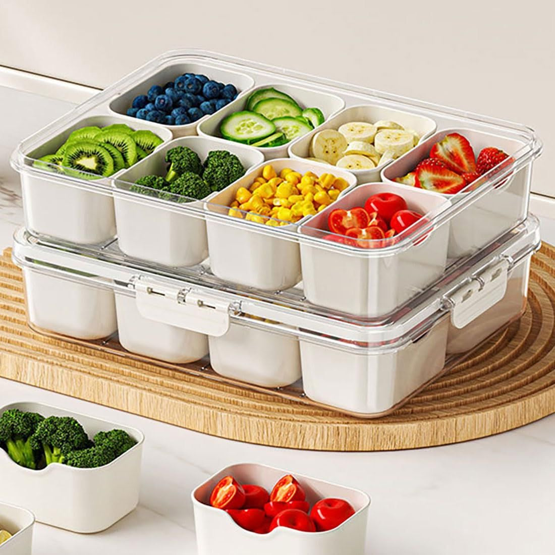 2 Pack Divided Serving Tray with Lid & Handle - Portable Snackle Box Charcuterie Container for Snack Platters