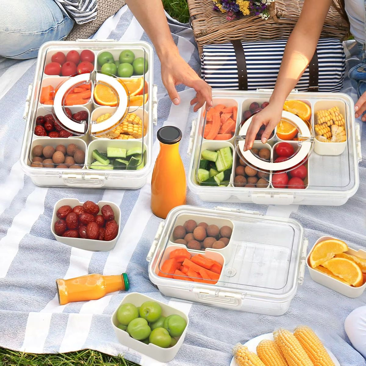 2 Pack Divided Serving Tray with Lid & Handle - Portable Snackle Box Charcuterie Container for Snack Platters