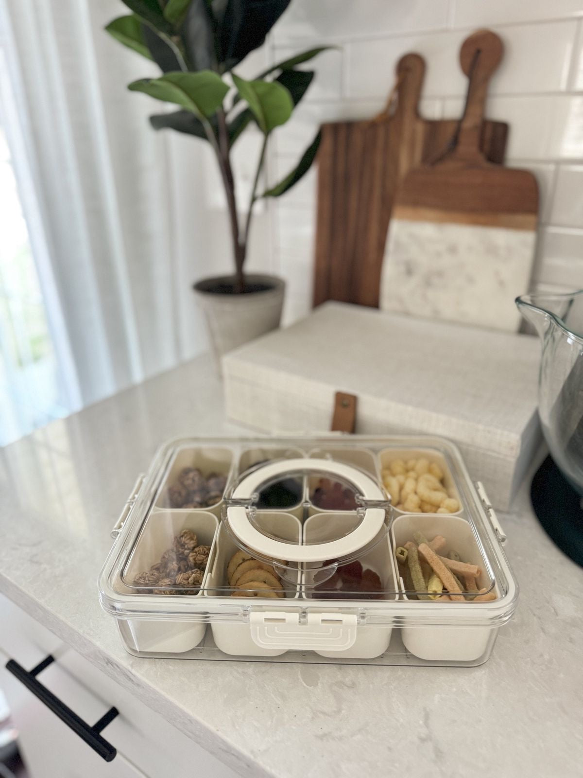 2 Pack Divided Serving Tray with Lid & Handle - Portable Snackle Box Charcuterie Container for Snack Platters