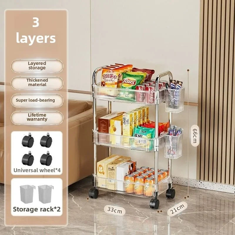 Organizer for Bedroom Living Room & Office 3 Tier Clear Storage Cart with Wheels - Multifunctional Rolling