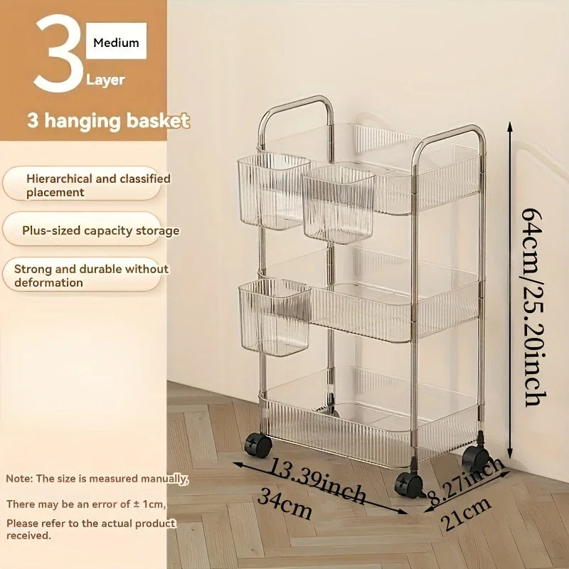 Organizer for Bedroom Living Room & Office 3 Tier Clear Storage Cart with Wheels - Multifunctional Rolling