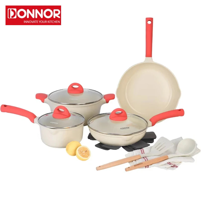 DONNOR Kitchen Pots and Pans Set Non Stick Ceramic Set of Pots with Lid Cooking Pot Frying Pan Nonstick with Pot Protectors