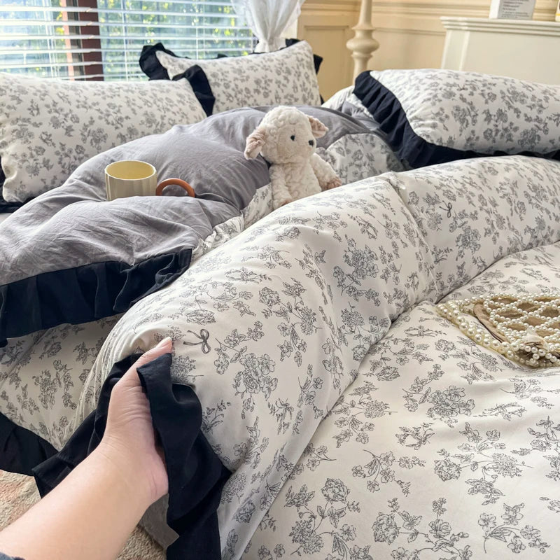 2025 Princess Bedding Set Lace Floral Wash Cotton 4pcs Bedding Quilt Cover Sheet And Pillowcases For Girl Spring Home Textiles