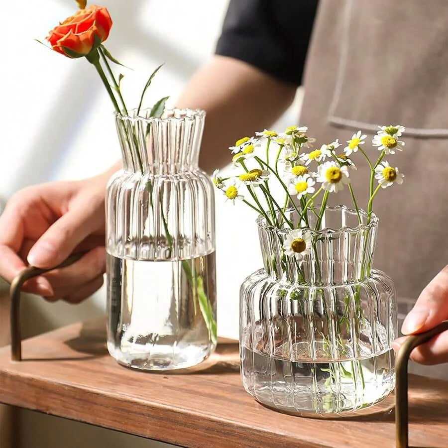 Transparent Glass Vases Hydroponic Plants Flower Arrangement Bottle Mini Retro Striped Vase Home Room Dinner Table Decor 
