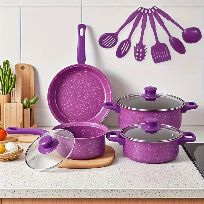 13pcs Nonstick Cookware Set with Frying Pan+Saucepan+Casserole - Induction & Gas Safe Colorful Kitchen Pots for Home Cooking