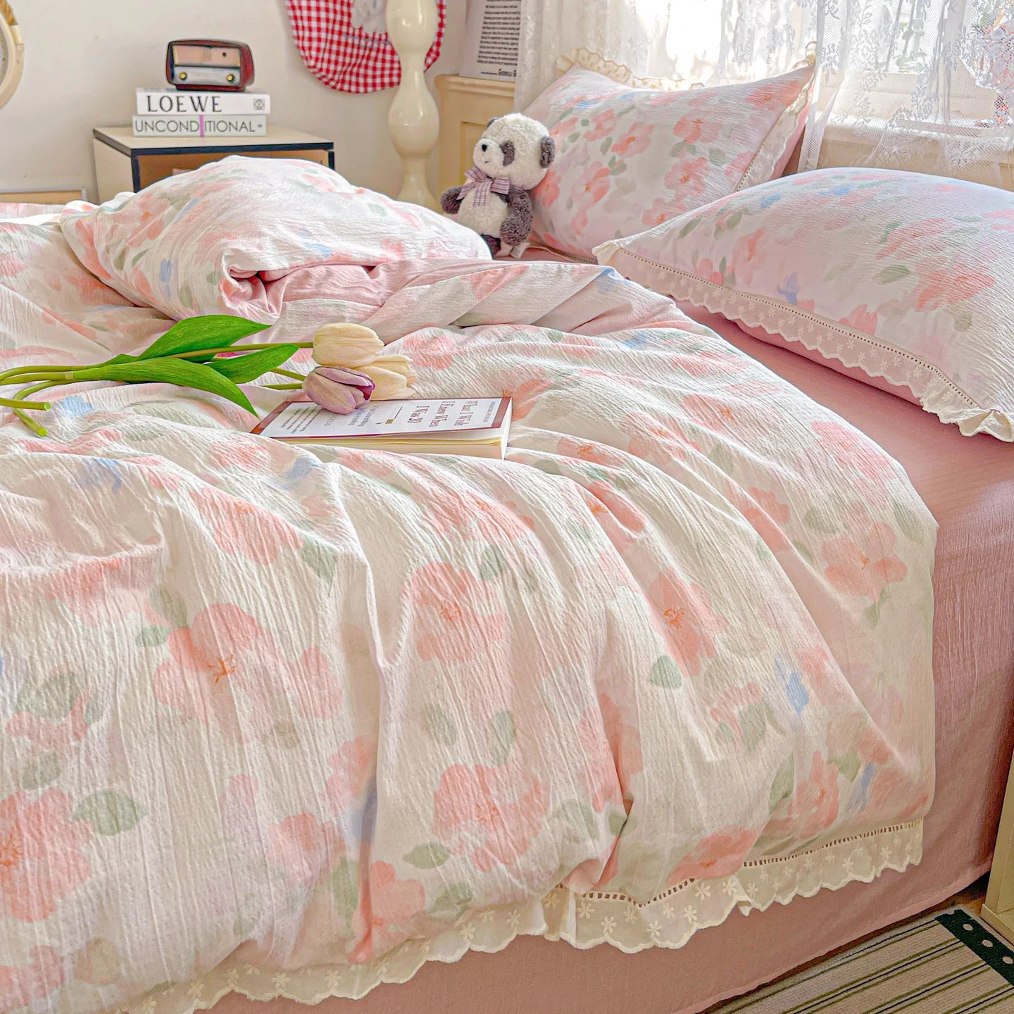 Ins Floral Bedding Set Princess Duvet Cover Set Bed Linen Flat Sheets Set 2 Pillowcases Single Double Queen Size Back To School