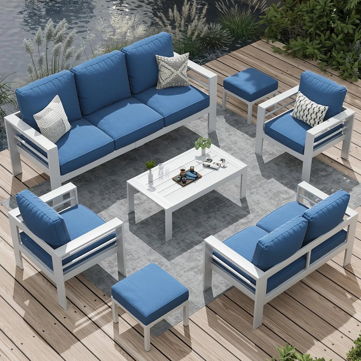 7 Pieces Aluminum Patio Furniture Set with Coffee Table, Conversation Set with Blue Cushions for Balcony, Porch, Lawn and Yard