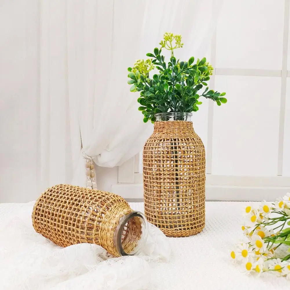 Vine Flower Vase Handmade Straw Woven Anti-broken Plant Pot Japanese Style Glass Vase Table Decoration Scene Layout Prop Home