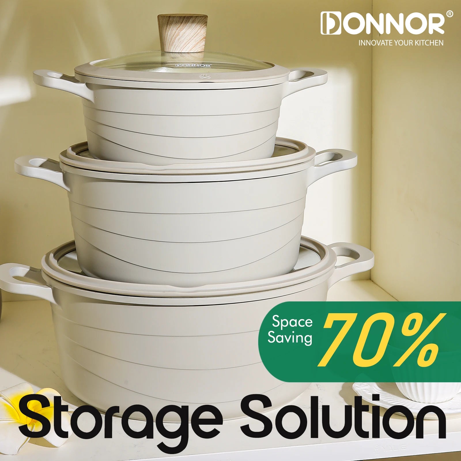 DONNOR 3 Piece Stock Pot with Lids Set, Nonstick Ceramic Coating Kitchen Cooking Casserole,  Oven for Stovetops and Induction