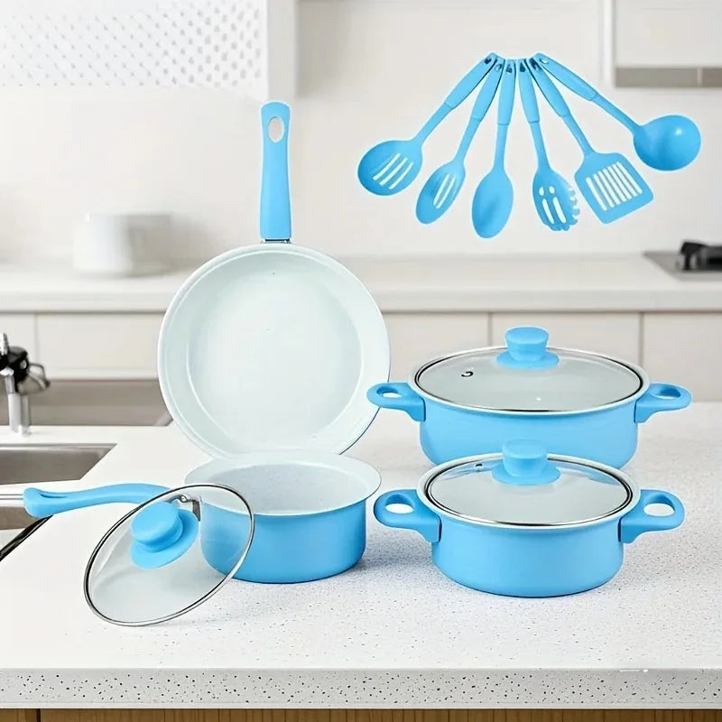 13pcs Nonstick Cookware Set with Frying Pan+Saucepan+Casserole - Induction & Gas Safe Colorful Kitchen Pots for Home Cooking