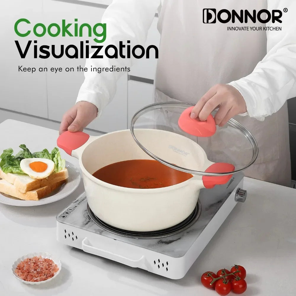 DONNOR Kitchen Pots and Pans Set Non Stick Ceramic Set of Pots with Lid Cooking Pot Frying Pan Nonstick with Pot Protectors