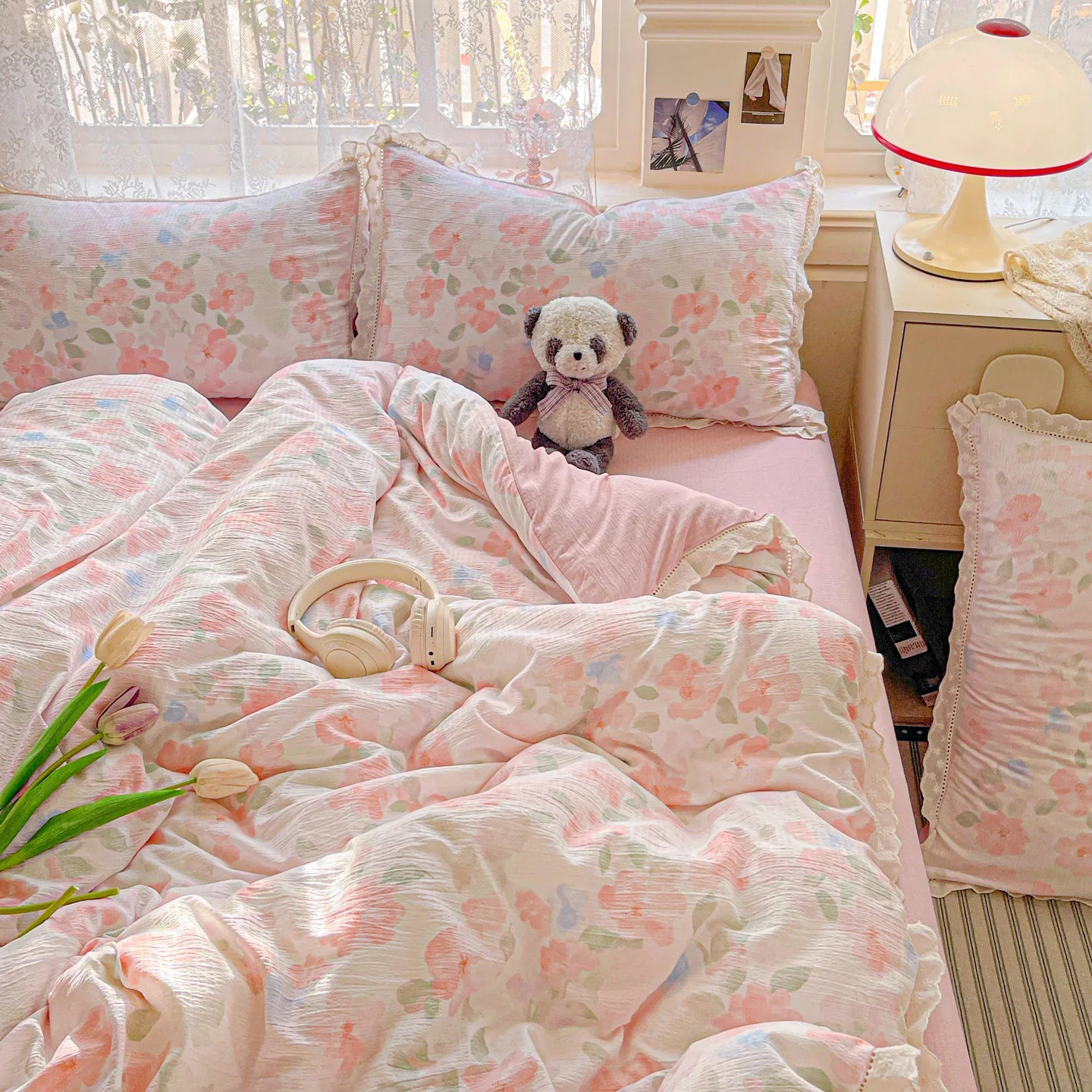 Ins Floral Bedding Set Princess Duvet Cover Set Bed Linen Flat Sheets Set 2 Pillowcases Single Double Queen Size Back To School