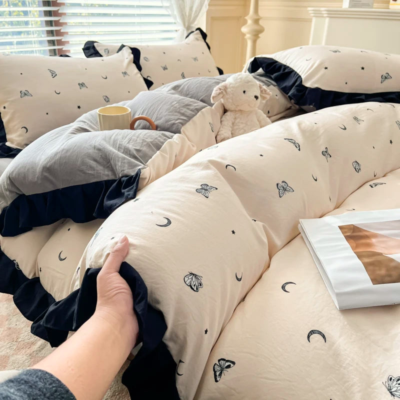 2025 Princess Bedding Set Lace Floral Wash Cotton 4pcs Bedding Quilt Cover Sheet And Pillowcases For Girl Spring Home Textiles