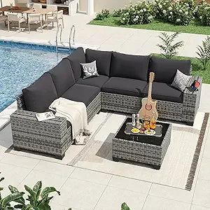 7 Pieces Patio Furniture Set with 44” Fire Pit Table Wicker Rattan Sectional Conversation Set with Coffee Table and 4”