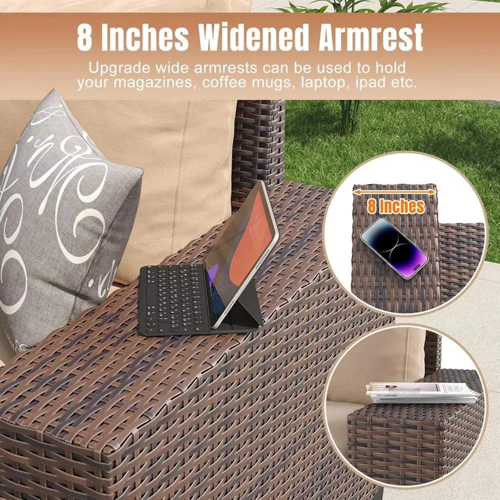 7 Pieces Patio Furniture Set with 44” Fire Pit Table Wicker Rattan Sectional Conversation Set with Coffee Table and 4”