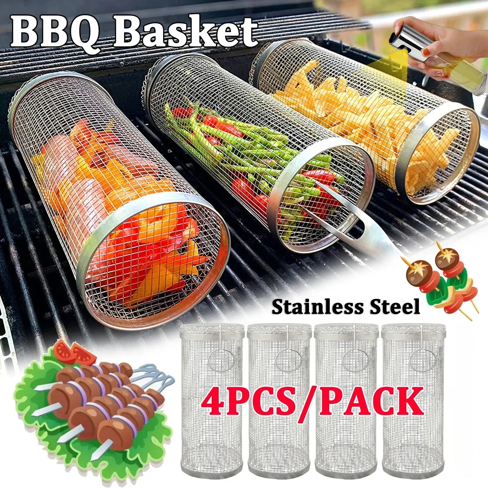 Rolling Bbq Basket- Greatest Grilling Basket Ever, Round Stainless Steel Grill Mesh, Camping Barbecue Rack For Vegetables,Fish