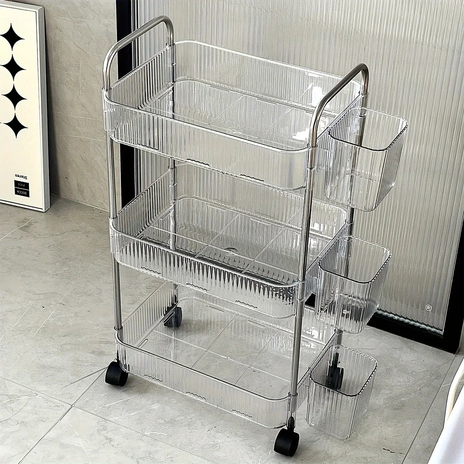 Organizer for Bedroom Living Room & Office 3 Tier Clear Storage Cart with Wheels - Multifunctional Rolling