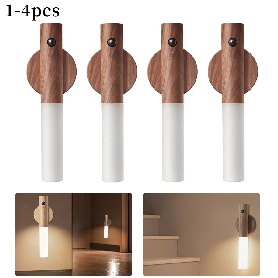 1/2/3/4pcs Rechargeable Wall Sconces Magnetic Wall Lights Night Light Motion Sensor Wooden Wall Lighting for Bedroom Stairs Hall