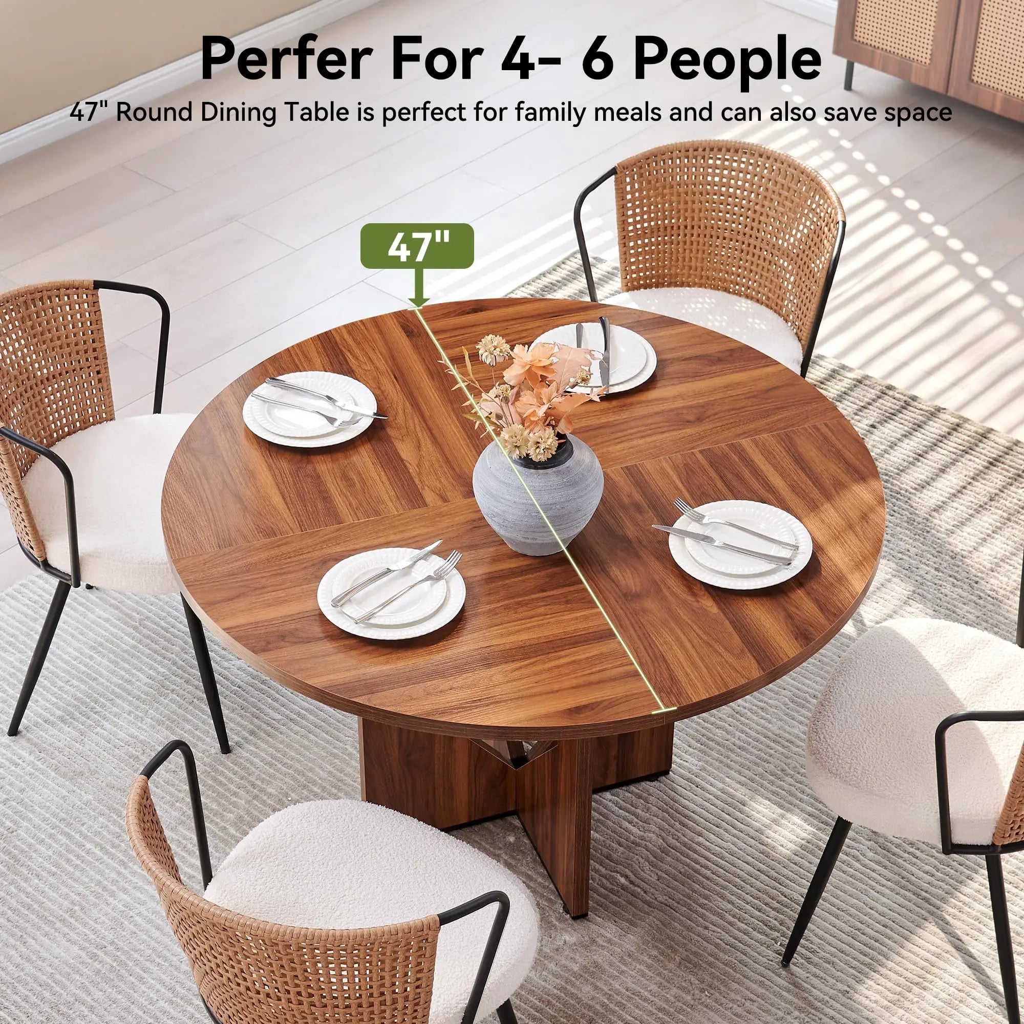 Round Dining Table for 4, 47 Inches Farmhouse Dinner Table with Wooden Pedestal Base, Modern Kitchen and Dining Room Circle Tabl