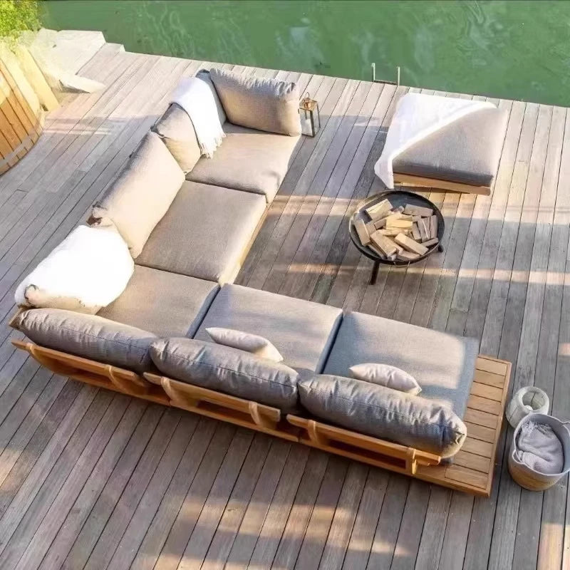 Waterproof luxury special design outdoor furniture L-shaped corner teak simple combination modular garden sofa