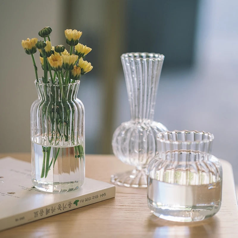 Transparent Glass Vases Hydroponic Plants Flower Arrangement Bottle Mini Retro Striped Vase Home Room Dinner Table Decor ﻿