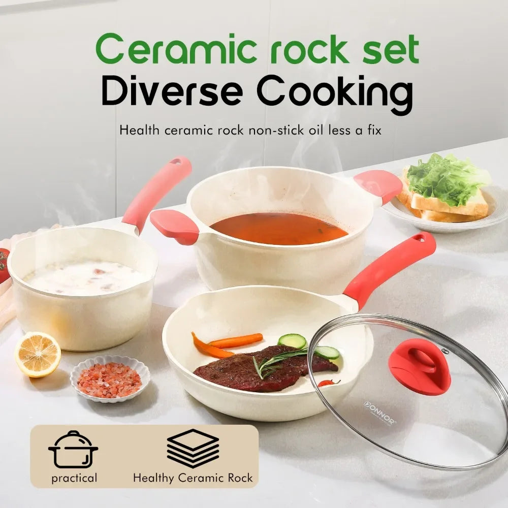 DONNOR Kitchen Pots and Pans Set Non Stick Ceramic Set of Pots with Lid Cooking Pot Frying Pan Nonstick with Pot Protectors