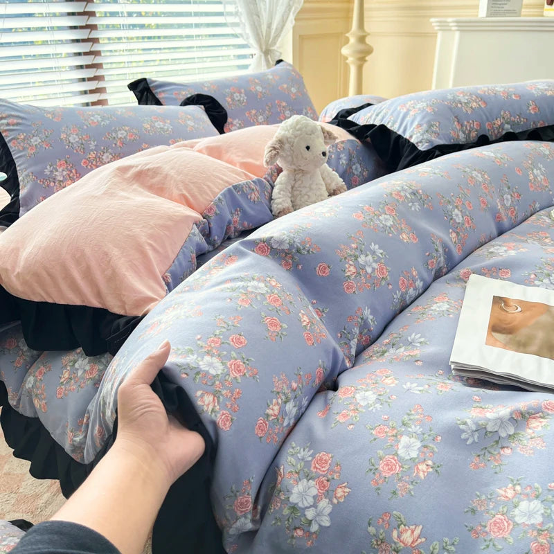 2025 Princess Bedding Set Lace Floral Wash Cotton 4pcs Bedding Quilt Cover Sheet And Pillowcases For Girl Spring Home Textiles