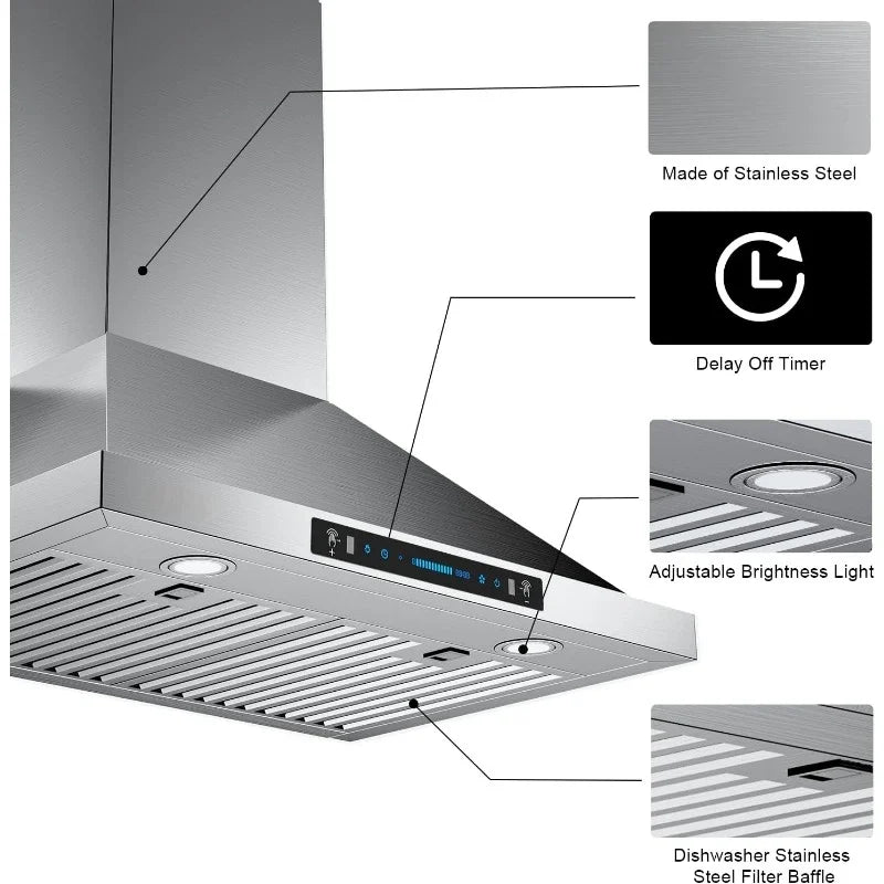 Bestseller 36-inch Wall Mount Range Hood 900 CFM Ducted/Ductless Convertible, Kitchen Chimney Vent Stainless Steel(IKP02-36'')