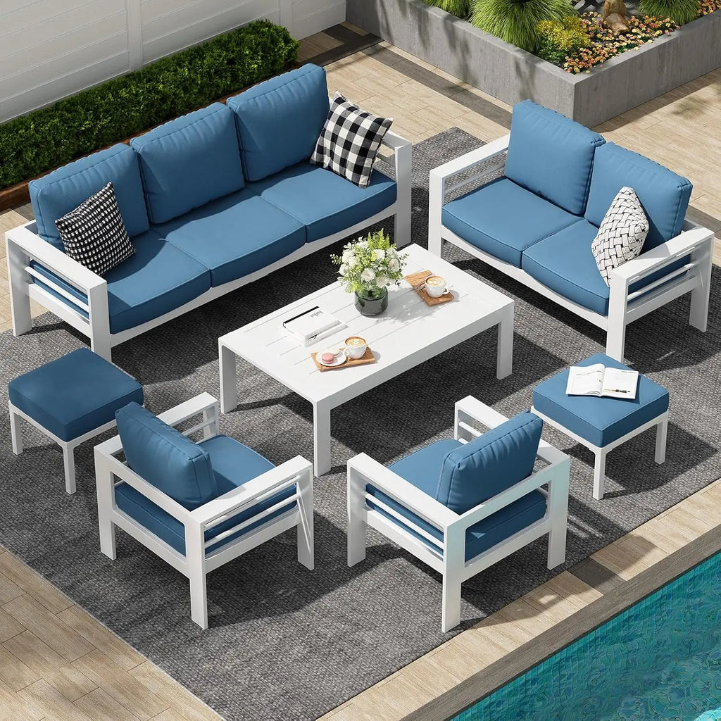 7 Pieces Aluminum Patio Furniture Set with Coffee Table, Conversation Set with Blue Cushions for Balcony, Porch, Lawn and Yard