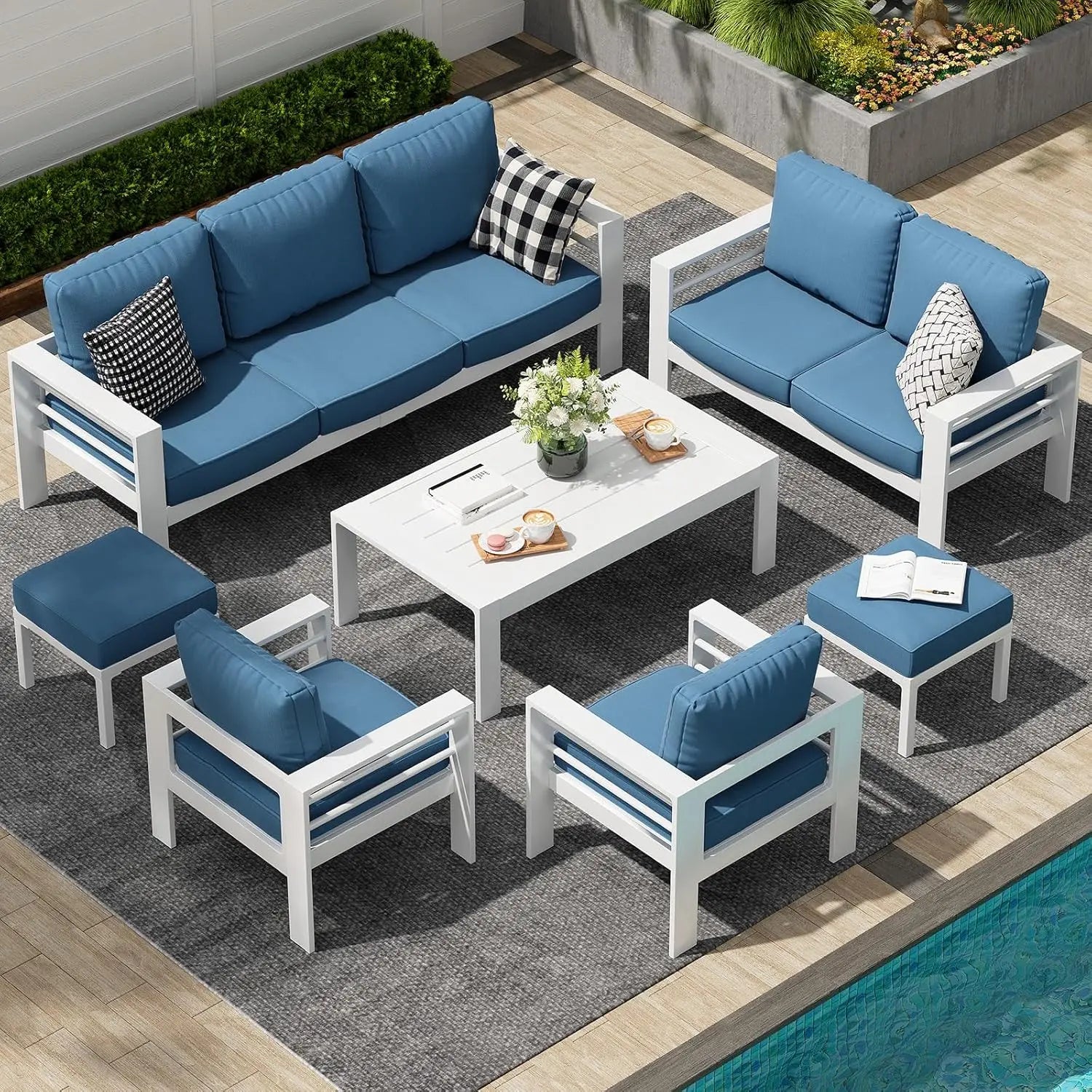 7 Pieces Aluminum Patio Furniture Set with Coffee Table, Conversation Set with Blue Cushions for Balcony, Porch, Lawn and Yard
