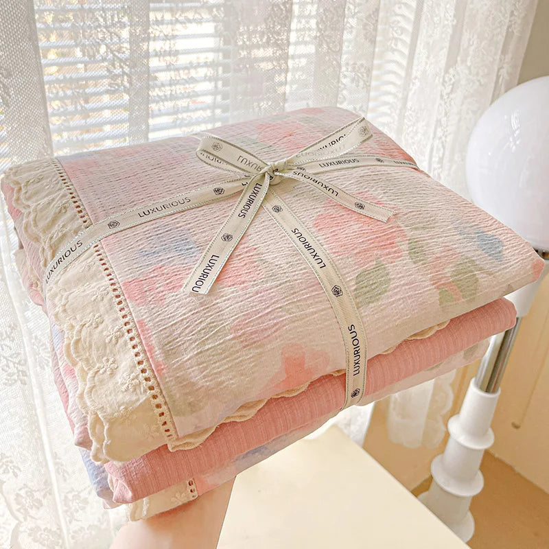 Ins Floral Bedding Set Princess Duvet Cover Set Bed Linen Flat Sheets Set 2 Pillowcases Single Double Queen Size Back To School