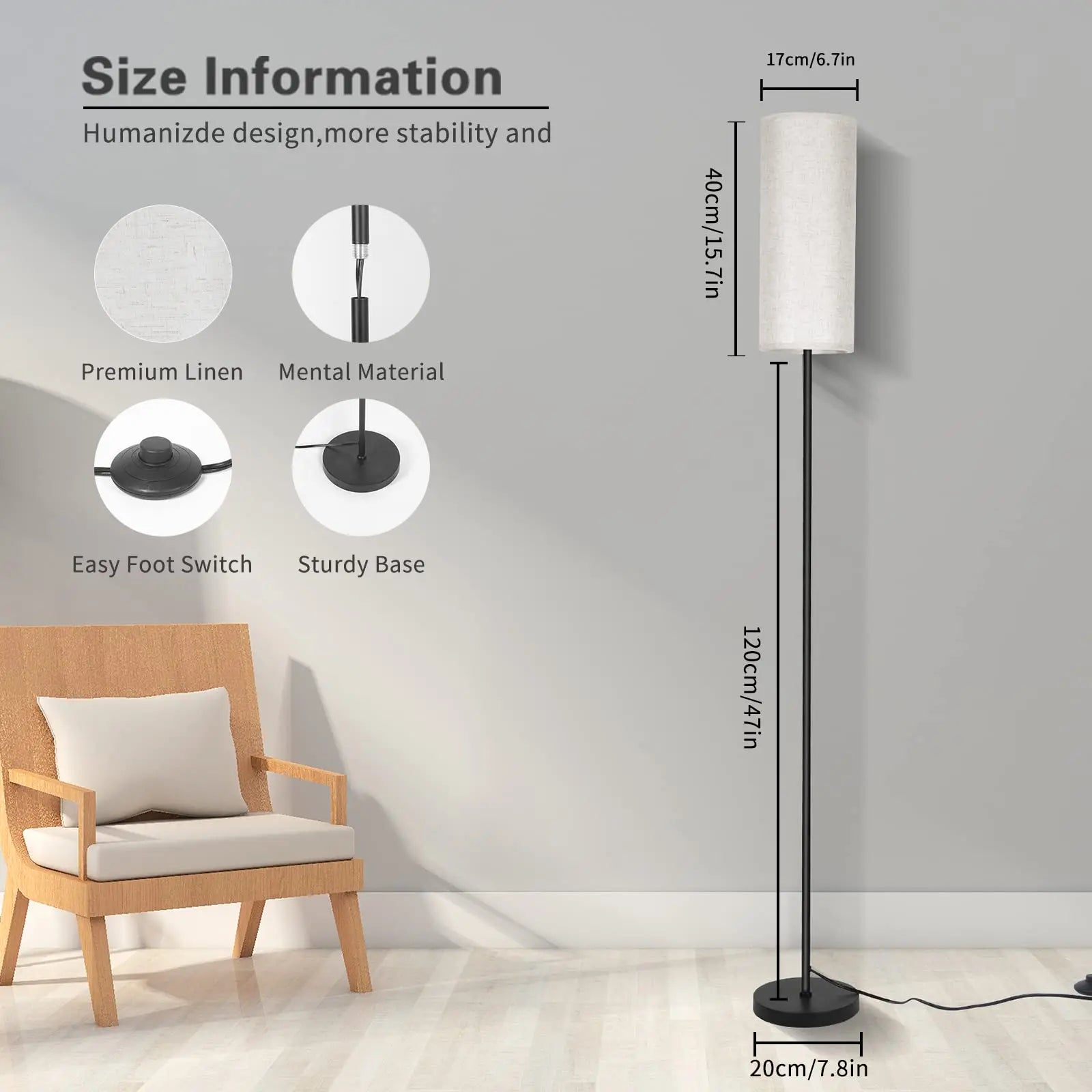 Floor Lamp Modern Standing Lamps with Lampshade Minimalist Tall Lamp with Foot Switch 3 Color Dimmable for Living Room Office