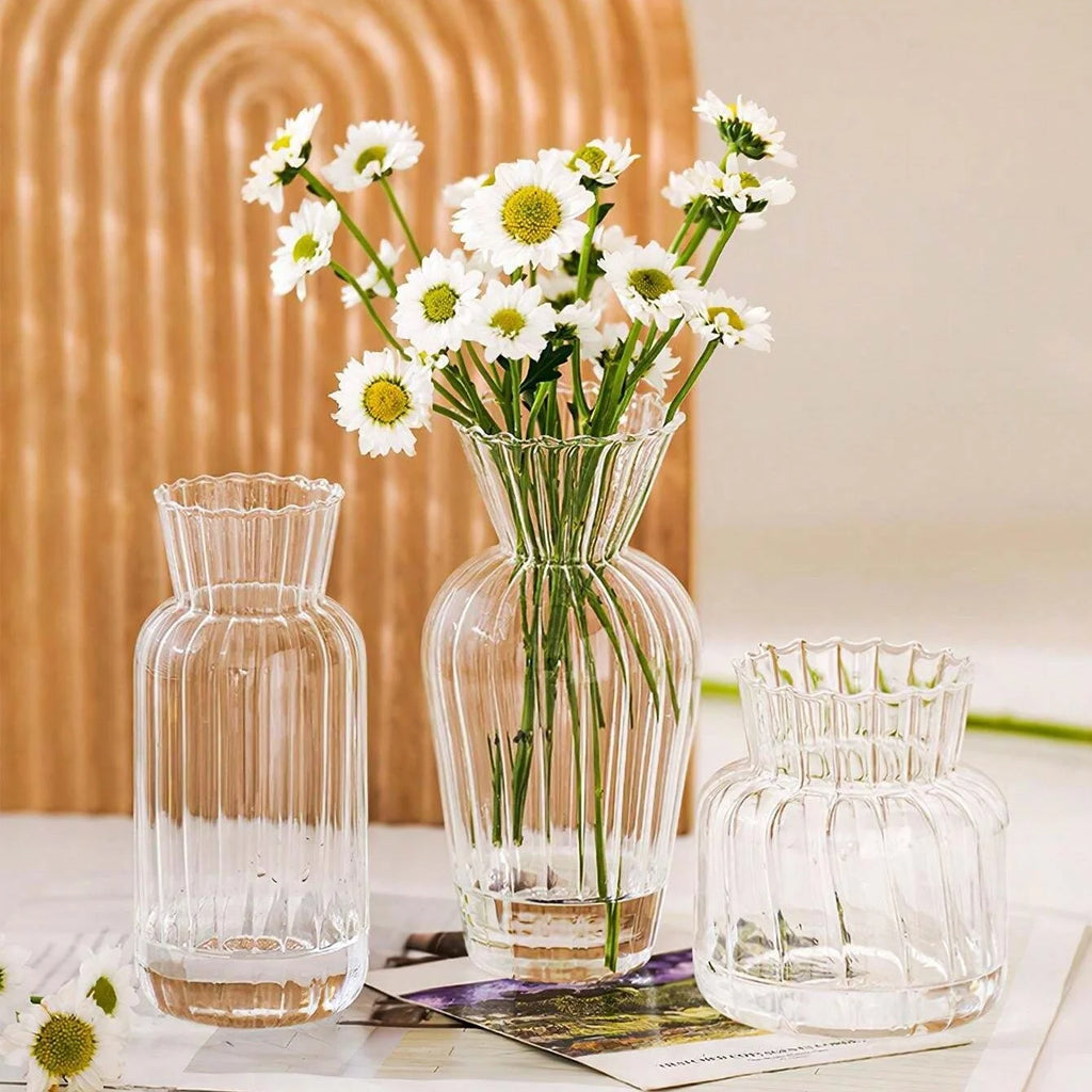 Transparent Glass Vases Hydroponic Plants Flower Arrangement Bottle Mini Retro Striped Vase Home Room Dinner Table Decor ﻿