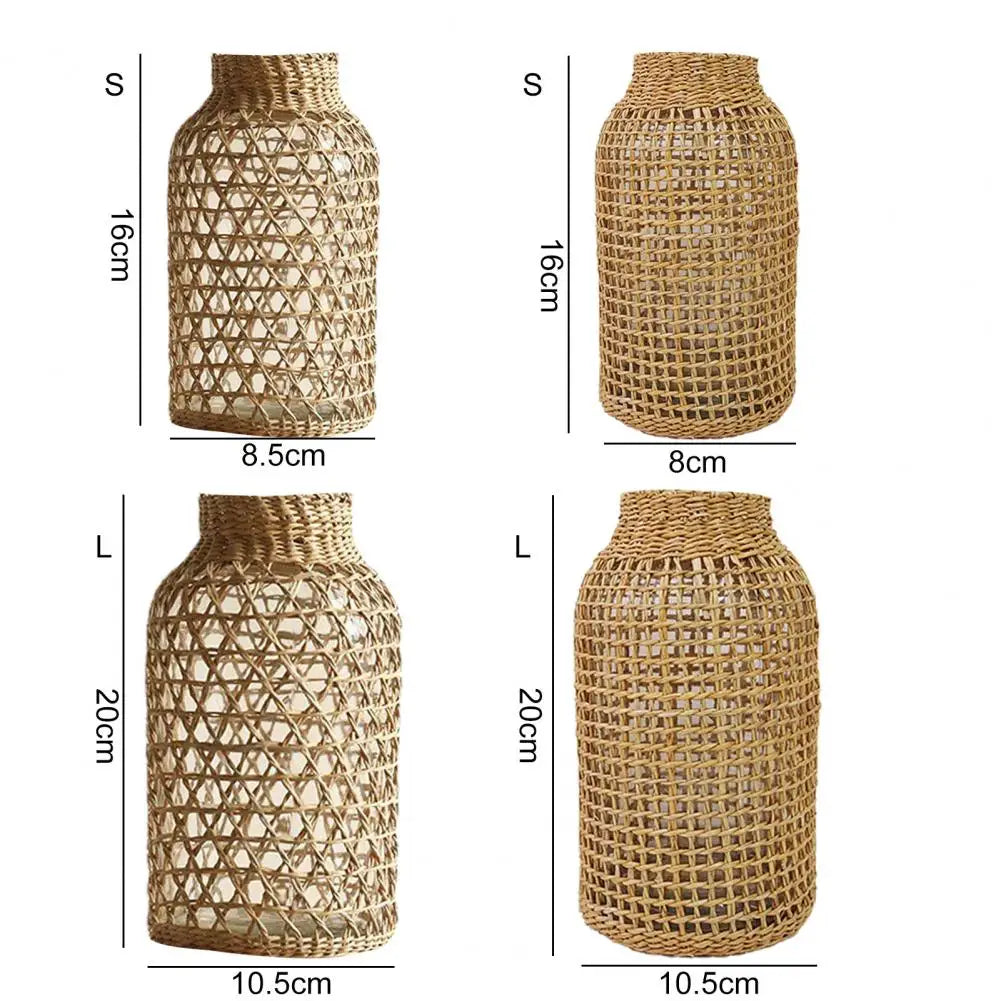 Vine Flower Vase Handmade Straw Woven Anti-broken Plant Pot Japanese Style Glass Vase Table Decoration Scene Layout Prop Home