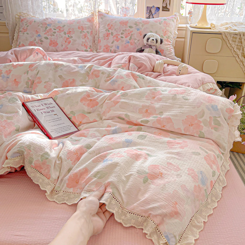 Ins Floral Bedding Set Princess Duvet Cover Set Bed Linen Flat Sheets Set 2 Pillowcases Single Double Queen Size Back To School