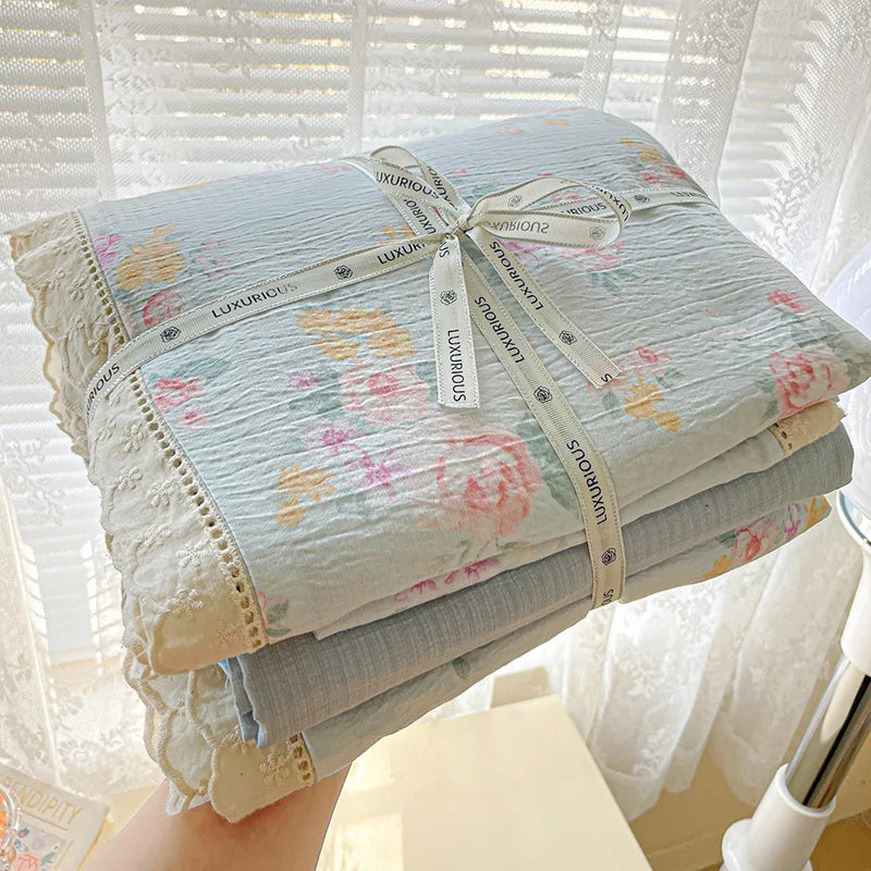 Ins Floral Bedding Set Princess Duvet Cover Set Bed Linen Flat Sheets Set 2 Pillowcases Single Double Queen Size Back To School