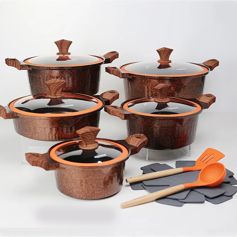 Hot Selling 15pcs Healthy Coat Kitchen Cookware Set Forged Aluminum Non-Stick Casserole Pot Pans Granite Cookware Nonstick