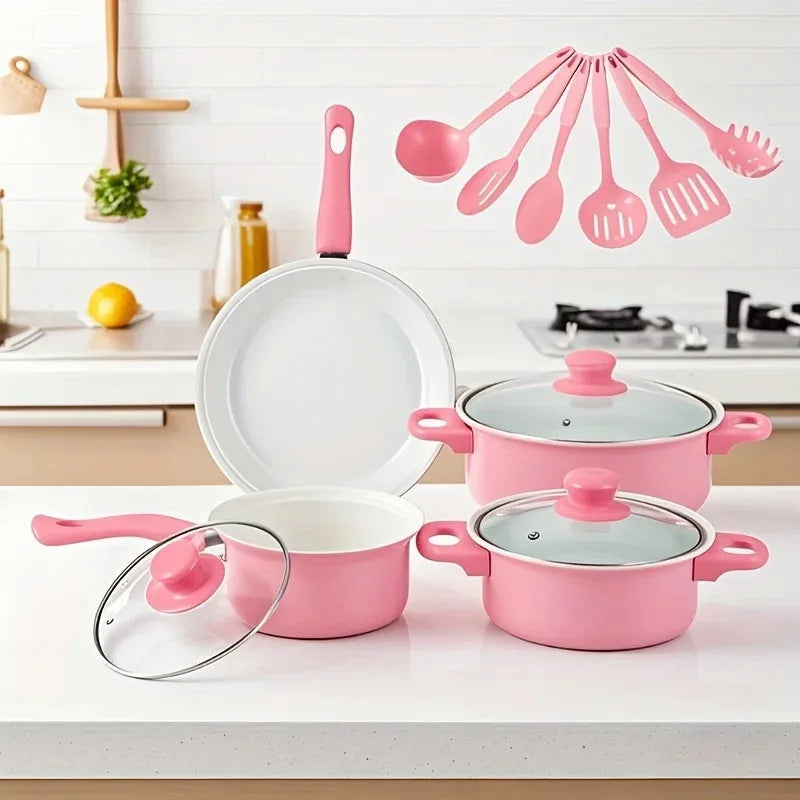 13pcs Nonstick Cookware Set with Frying Pan+Saucepan+Casserole - Induction & Gas Safe Colorful Kitchen Pots for Home Cooking