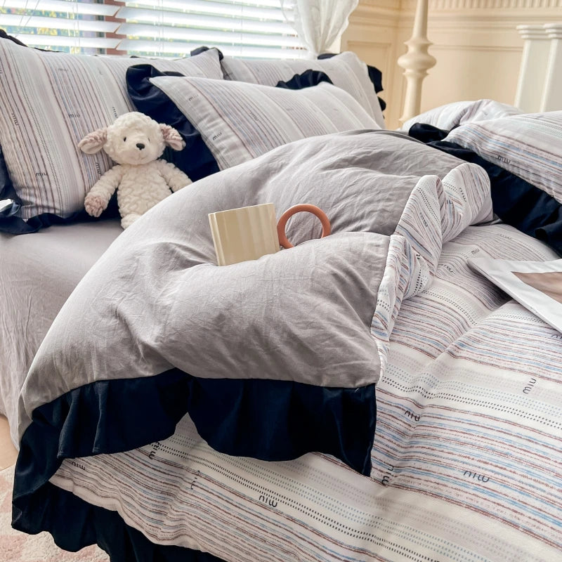 2025 Princess Bedding Set Lace Floral Wash Cotton 4pcs Bedding Quilt Cover Sheet And Pillowcases For Girl Spring Home Textiles