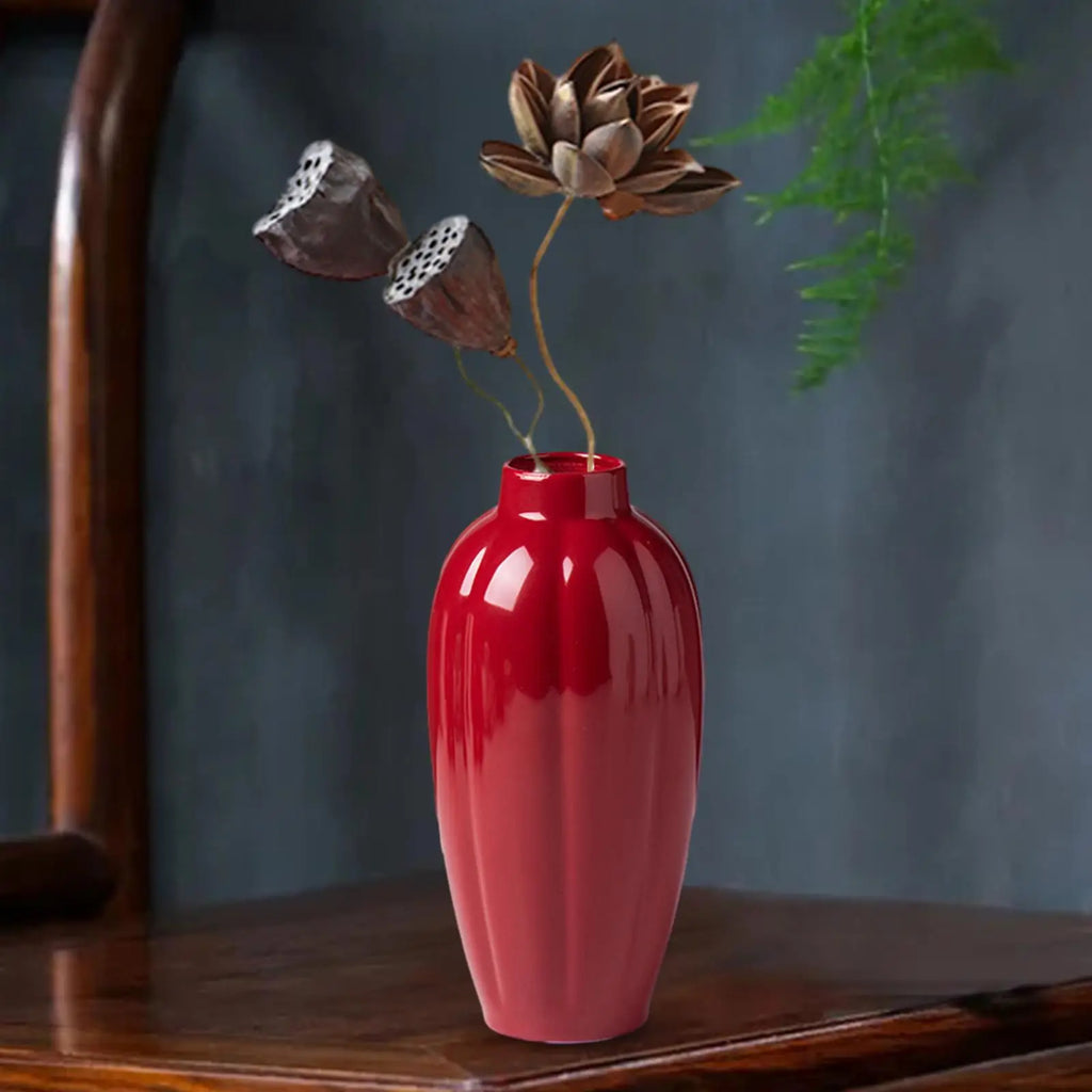 Ceramic Red Vase Rustic Decorative Vases Flower Vases Small Red Vase for Kitchen Bedroom Home Office Decoration Bookshelf Shelf