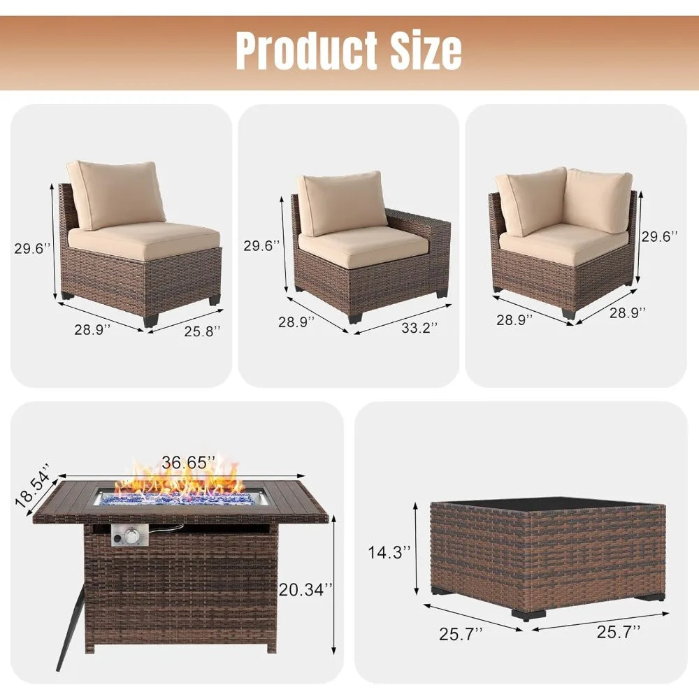 7 Pieces Patio Furniture Set with 44” Fire Pit Table Wicker Rattan Sectional Conversation Set with Coffee Table and 4”