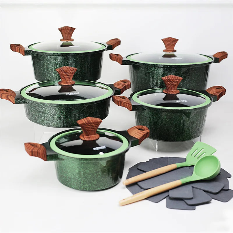 Hot Selling 15pcs Healthy Coat Kitchen Cookware Set Forged Aluminum Non-Stick Casserole Pot Pans Granite Cookware Nonstick