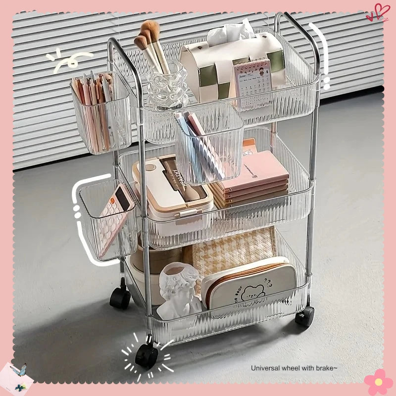 Organizer for Bedroom Living Room & Office 3 Tier Clear Storage Cart with Wheels - Multifunctional Rolling