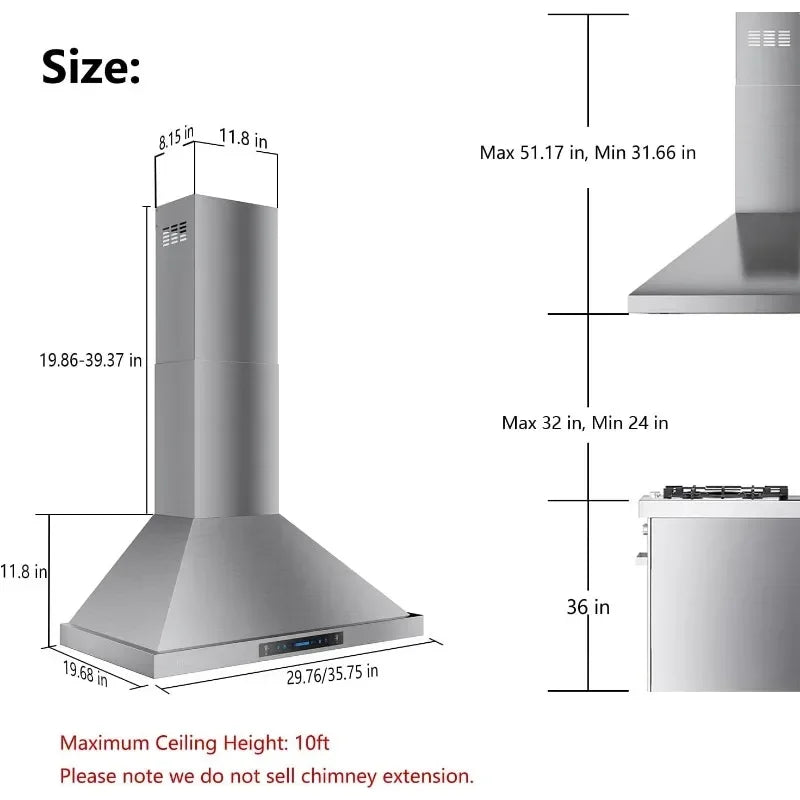 Bestseller 36-inch Wall Mount Range Hood 900 CFM Ducted/Ductless Convertible, Kitchen Chimney Vent Stainless Steel(IKP02-36'')