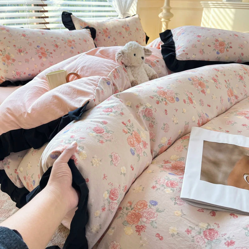 2025 Princess Bedding Set Lace Floral Wash Cotton 4pcs Bedding Quilt Cover Sheet And Pillowcases For Girl Spring Home Textiles